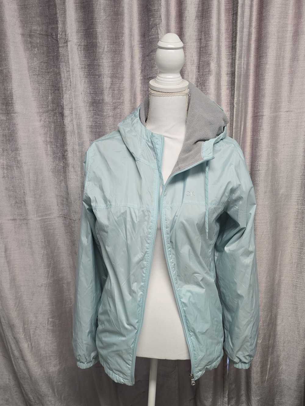 Calvin Klein Mint Green Fleece Lined Hooded Windbreaker Rain Jacket Coat size L